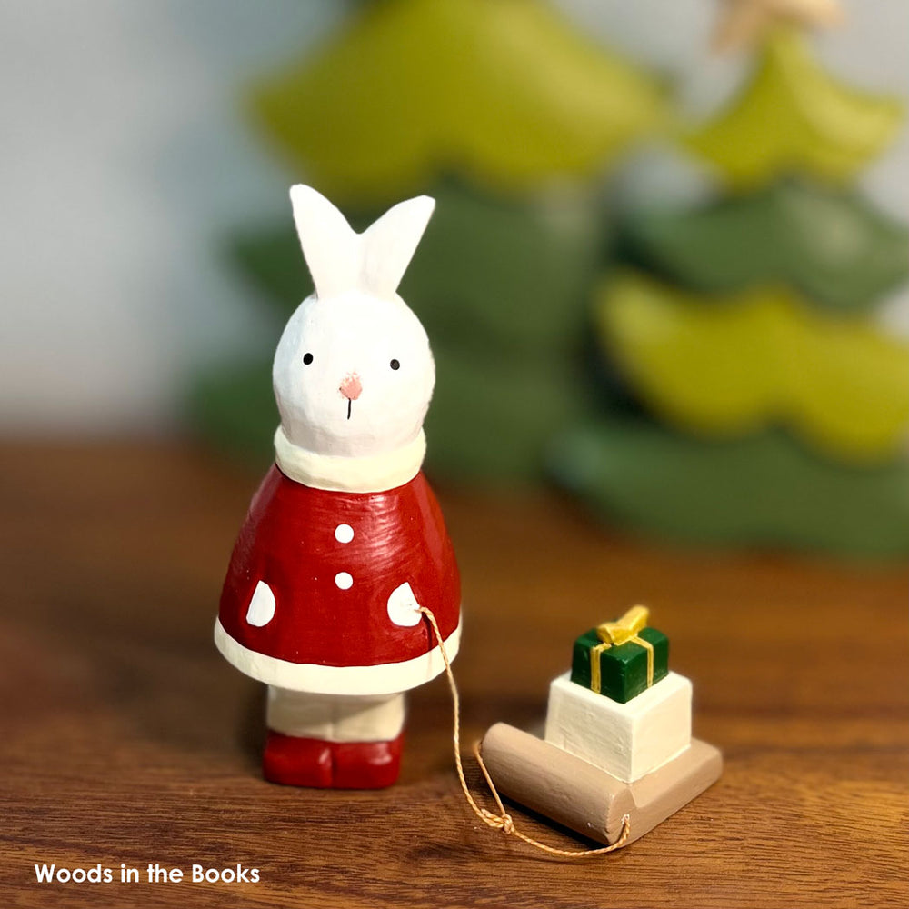 Polepole Handcrafted Wooden Rabbit Santa with Present