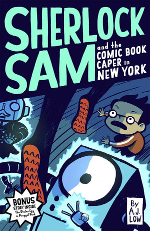 Cover of chapter book 'Sherlock Sam and the Comic Book Caper in New York' by A. J. Low and Drewscape