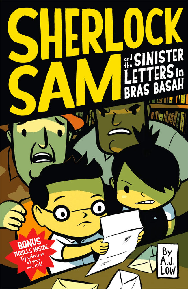 Cover of chapter book 'Sherlock Sam and the Sinister Letters in Bras Basah' by A. J. Low and Drewscape