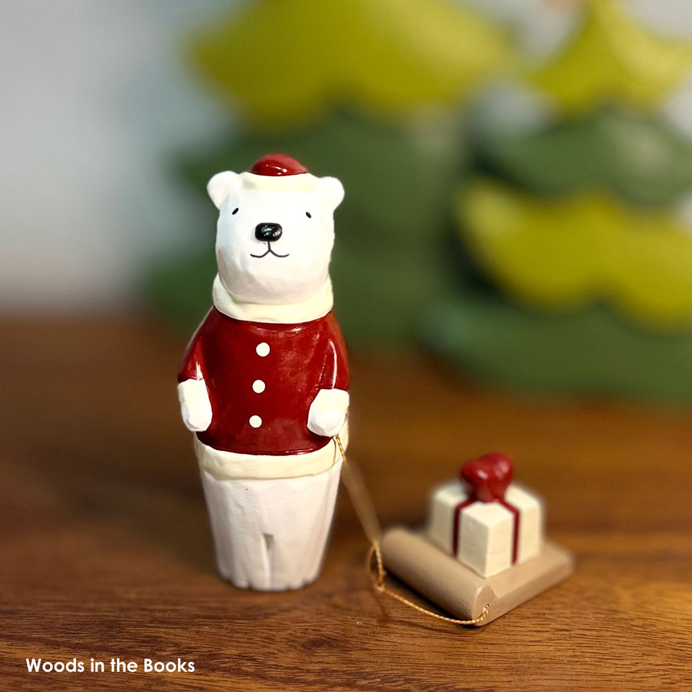 Polepole Handcrafted Wooden Polar Bear with Present