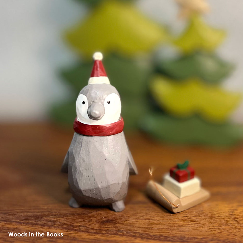 Polepole Handcrafted Wooden Penguin Santa with Present