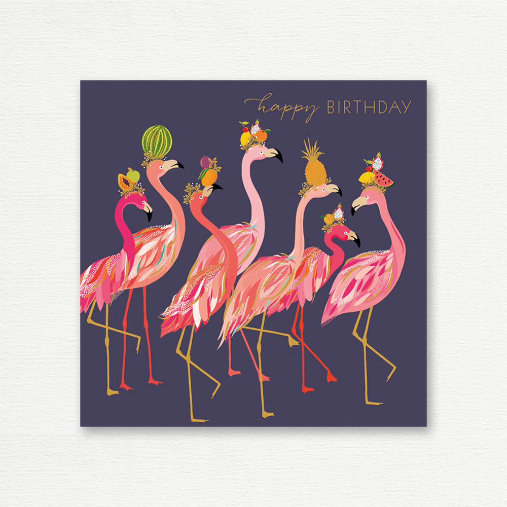 BIRTHDAY CARD <br> Flamingos with Fruit Hats