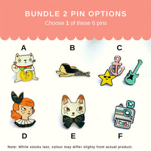Choice of 6 decorative enamel options for Bundle 2: A - Lucky Cat pin, B - Mermaid pin, C - Set of 3 pins - sunglasses wearing yellow star, pink anchor, and teal guitar, D - Pink haired girl with black ribbon pin, E - Cat with Black Neck Ribbon pin, F - Instant Polaroid style Camera pin
