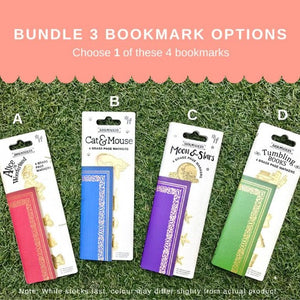 Choice of 4 brass bookmark sets for Bundle 3: A - Alice in Wonderland, B - Cat & Mouse, C - Moon & Stars, D - Tumbling Books