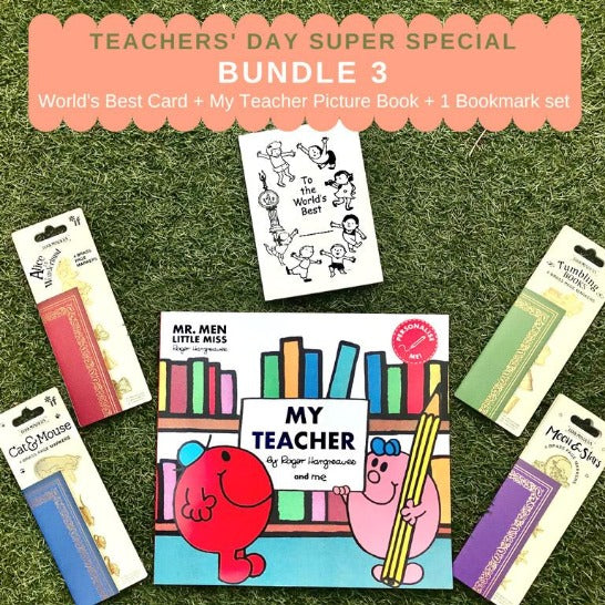 Teachers' Day Super Special Bundle 3 'World's Best' Greeting Card, 'My Teacher' Picture Book, and choice between 4 bookmark sets